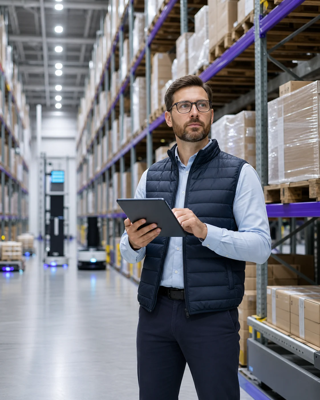 Warehouse operations professional using a tablet in a modern distribution center